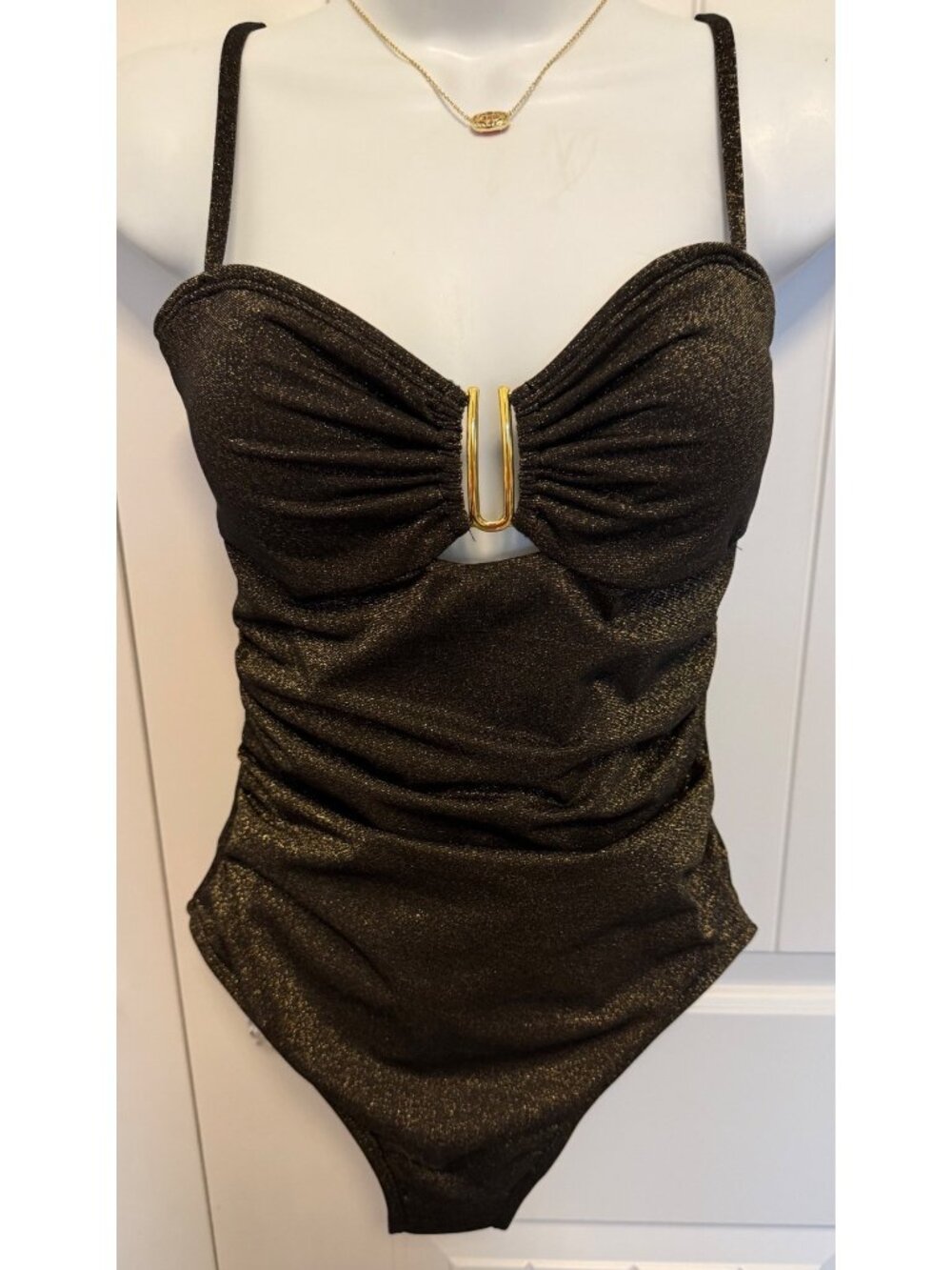 Eomenie One Piece Swimsuit, Cutout U Wire, Black with Gold shimmer, Medium - Picture 3 of 8